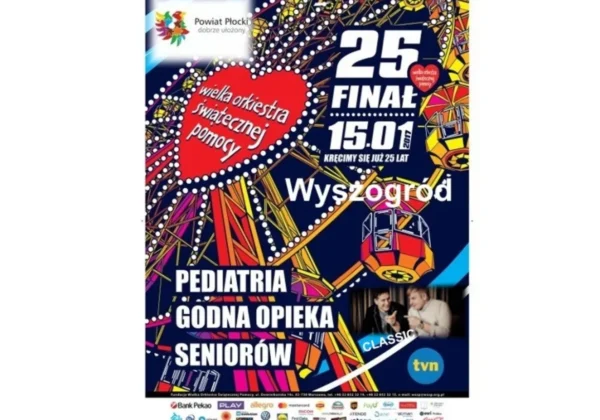 Kolorowy plakat Wielkiej Orkiestry Świątecznej Pomocy z napisem „25 Finał”, datą 15.01.2017 i informacją o Wyszkowie.