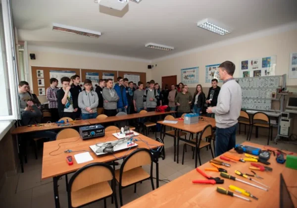 Grupa uczniów podczas Drzwi Otwartych w Zespole Szkół im. Stanisława Staszica w Gąbinie słucha nauczyciela prowadzącego zajęcia w pracowni technicznej, gdzie na stołach leżą narzędzia.