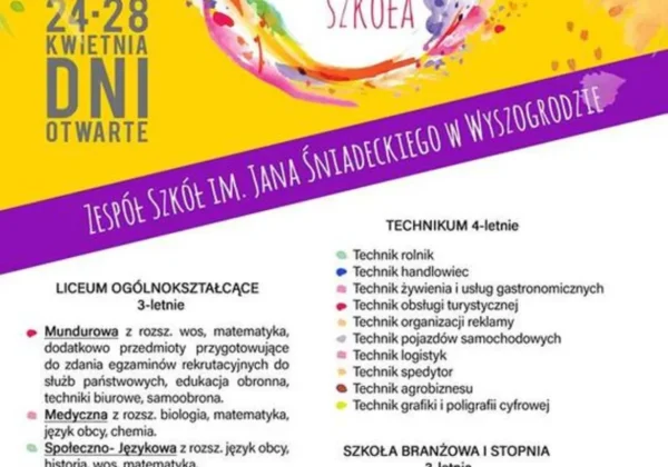 Kolorowy plakat promujący dni otwarte szkół w Powiecie Płockim, z hasłem „Twoja wymarzona szkoła” i datami 24–28 kwietnia.