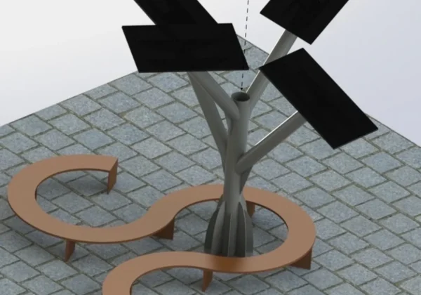 Rzeźba promująca odnawialne źródła energii – drzewo z panelami słonecznymi na brukowanym placu, otoczone pomarańczowymi okrągłymi ławkami.