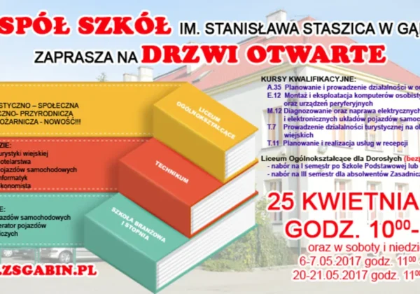 Kolorowy plakat zapraszający na Drzwi Otwarte Zespołu Szkół im. Stanisława Staszica w Gąbinie, z ilustracją książek i informacjami o terminach wydarzenia.