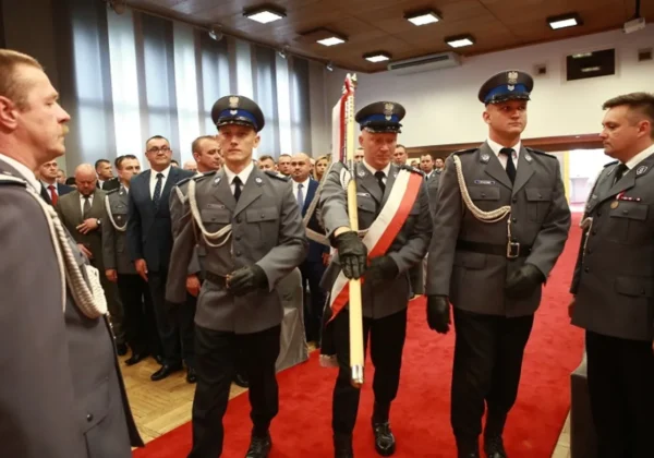 Grupa policjantów w szarych mundurach z ozdobnymi sznurem na ramionach maszeruje po czerwonym dywanie podczas uroczystości Święta Policji garnizonu płockiego z okazji 98. rocznicy powstania polskiej Policji.