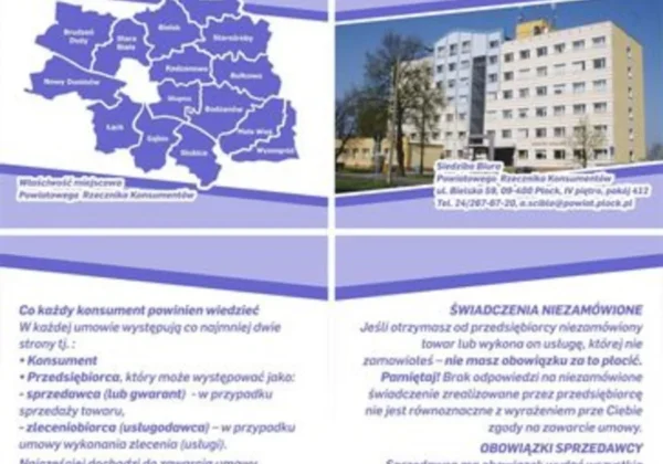 Dwustronna broszura Powiatu Płockiego informująca o roszczeniach ubezpieczeniowych po wichurach, z mapą powiatu i zdjęciem budynku.