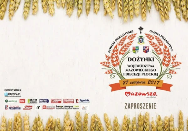 Plakat Dożynek Mazowieckiego Województwa i Diecezji Płockiej z wieńcem zboża na białym tle, centralnym okrągłym emblemą i datą 27 sierpnia 2017.