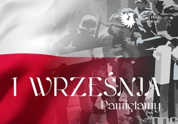 Banner upamiętniający wybuch II wojny światowej z 1 września, przedstawiający polską flagę i sylwetki żołnierzy oraz napis „1 WRZEŚNIA Pamiętamy”.