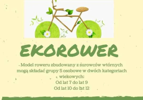 Plakat promujący konkurs EKO-ROWER z rysunkiem roweru z gałęzi i zielonymi kołami oraz informacjami o kategoriach wiekowych i terminach zgłoszeń.