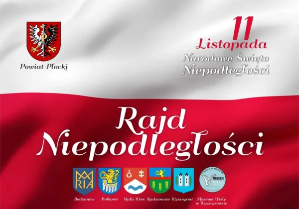 Banner promujący Rajd Niepodległości na czterech kółkach, z flagą Polski i napisem „Rajd Niepodległości”.