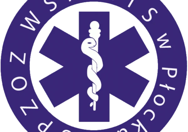 Logo Płockiego Pogotowia Ratunkowego z niebieską gwiazdą ratunkową i białym wężem Eskulapa w centrum, otoczone fioletowym kołem z napisem.