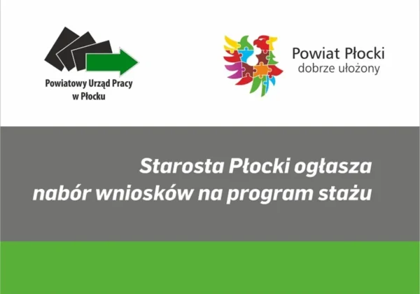 Baner informacyjny z logotypami Powiatowego Urzędu Pracy w Płocku i Powiatu Płockiego, informujący o naborze wniosków na program stażu.