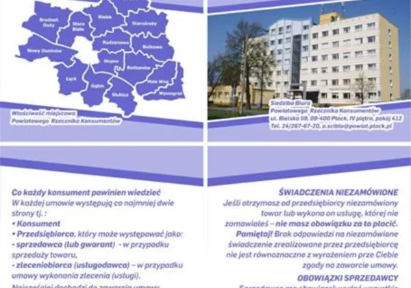 Ulotka Powiatu Płockiego promująca Powiatowego Rzecznika Konsumentów, z zdjęciem galerii handlowej, mapą powiatu i budynkiem biura wraz z informacjami dla konsumentów.