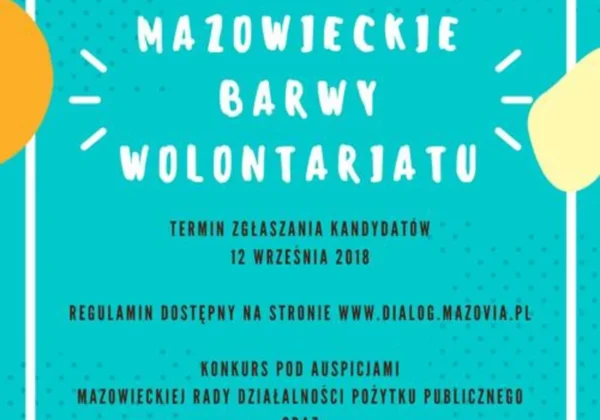 Turkusowy plakat promujący konkurs Mazowieckie Barwy Wolontariatu, z białą ramką, kolorowymi plamami na rogach i logiem Mazowsza w dolnym rogu.