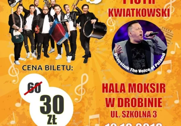 Plakat promujący koncert zespołu Enej w Drobinie, zapowiadający występ 12.10.2018 o godz. 19:00 w Hali MOKSiR, z informacją o cenach biletów.