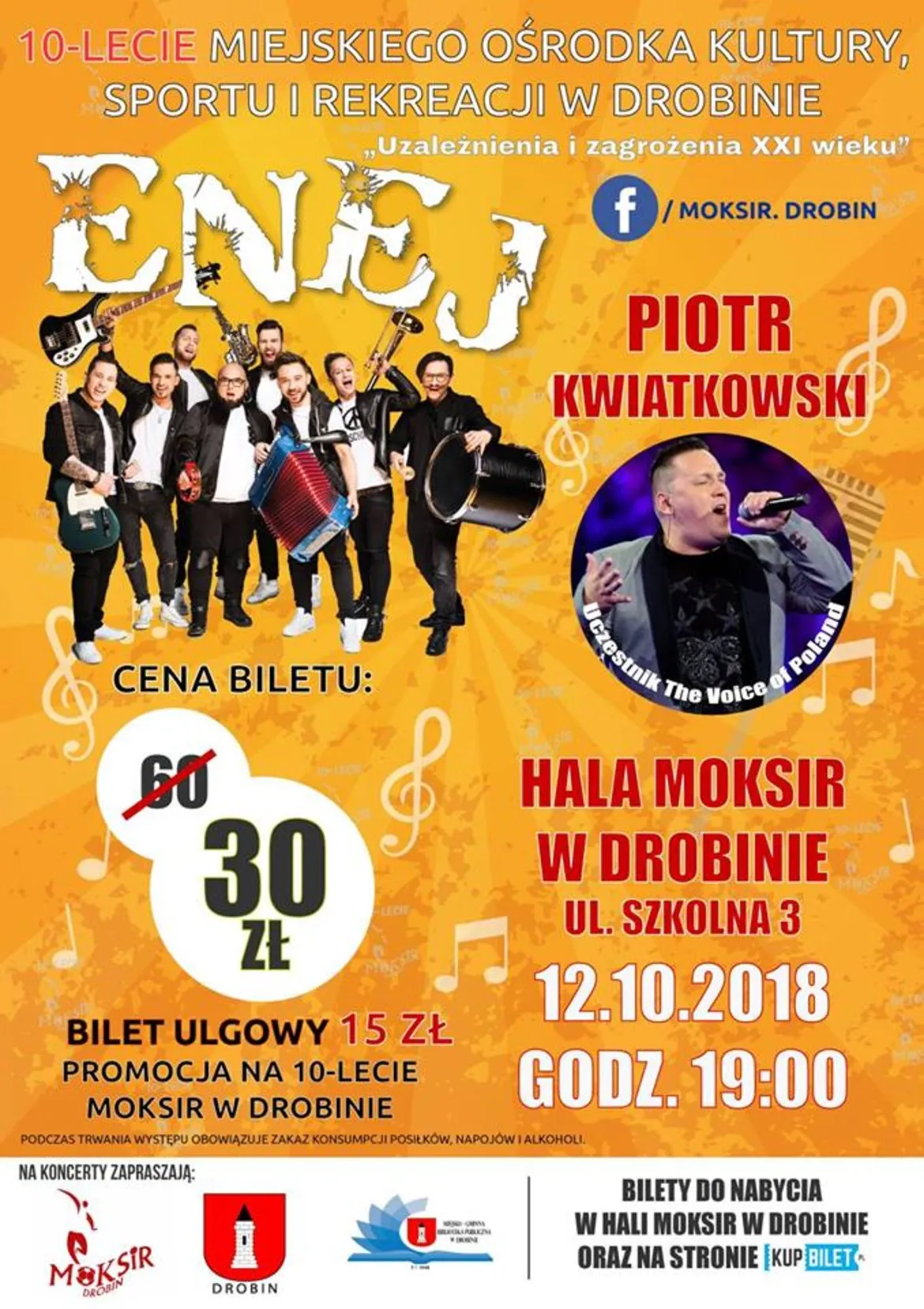 Plakat promujący koncert zespołu Enej w Drobinie, zapowiadający występ 12.10.2018 o godz. 19:00 w Hali MOKSiR, z informacją o cenach biletów.