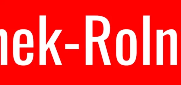 Czerwony baner z białym napisem „Rynek-Rolny.pl” promujący internetową giełdę rolną.