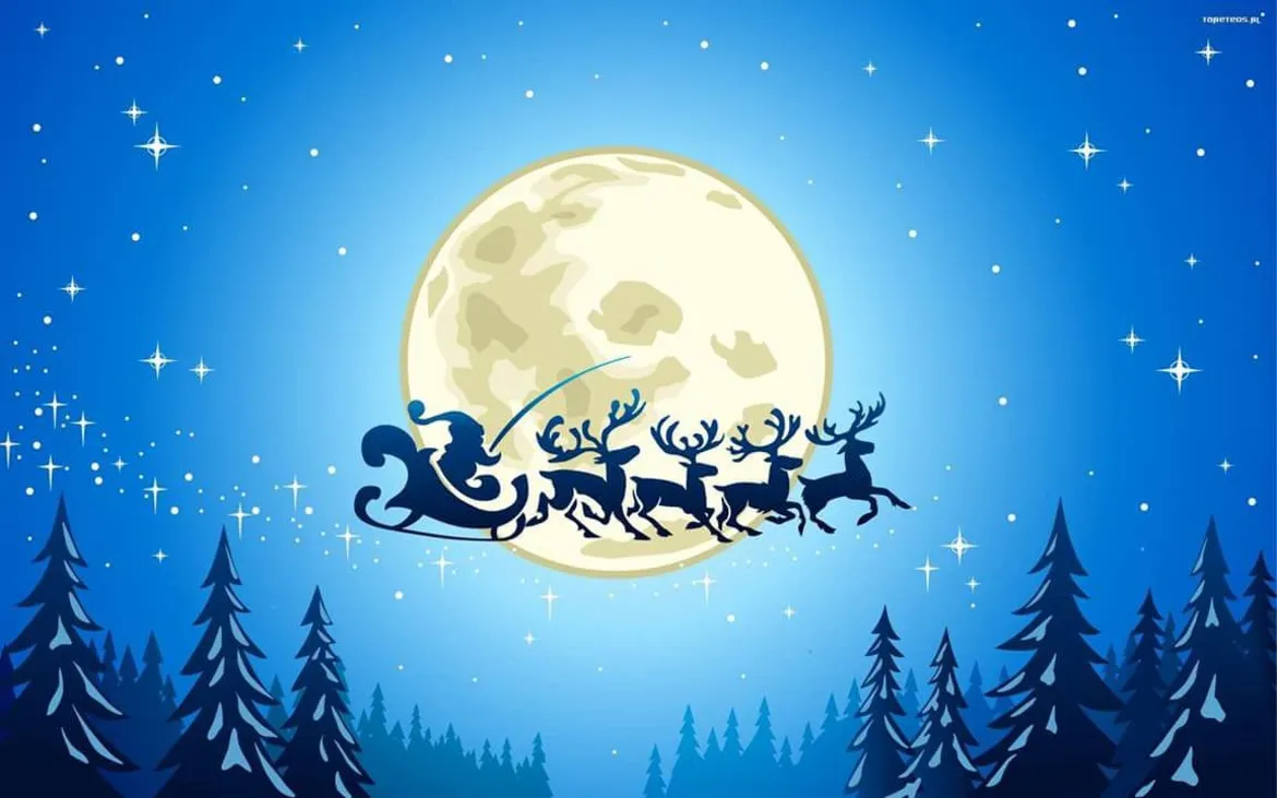 Ilustracja z zimowym pejzażem: zaprzęg reniferów ciągnie sanie Świętego Mikołaja nad dużym księżycem, na tle gwiaździstego nieba i zimowego lasu.
