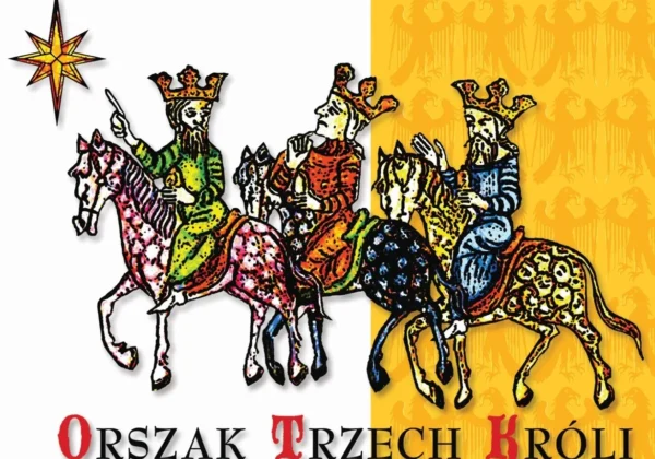 Kolorowa ilustracja Orszaku Trzech Króli – trzej królowie jadą na koniach, prowadząc orszak pod gwiazdą.