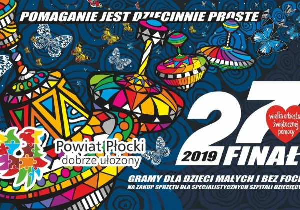 Kolorowy plakat WOŚP z 27. finałem w 2019 roku, przedstawiający kolorowe bębny, motyle i czerwone serduszko oraz hasła promujące pomaganie.