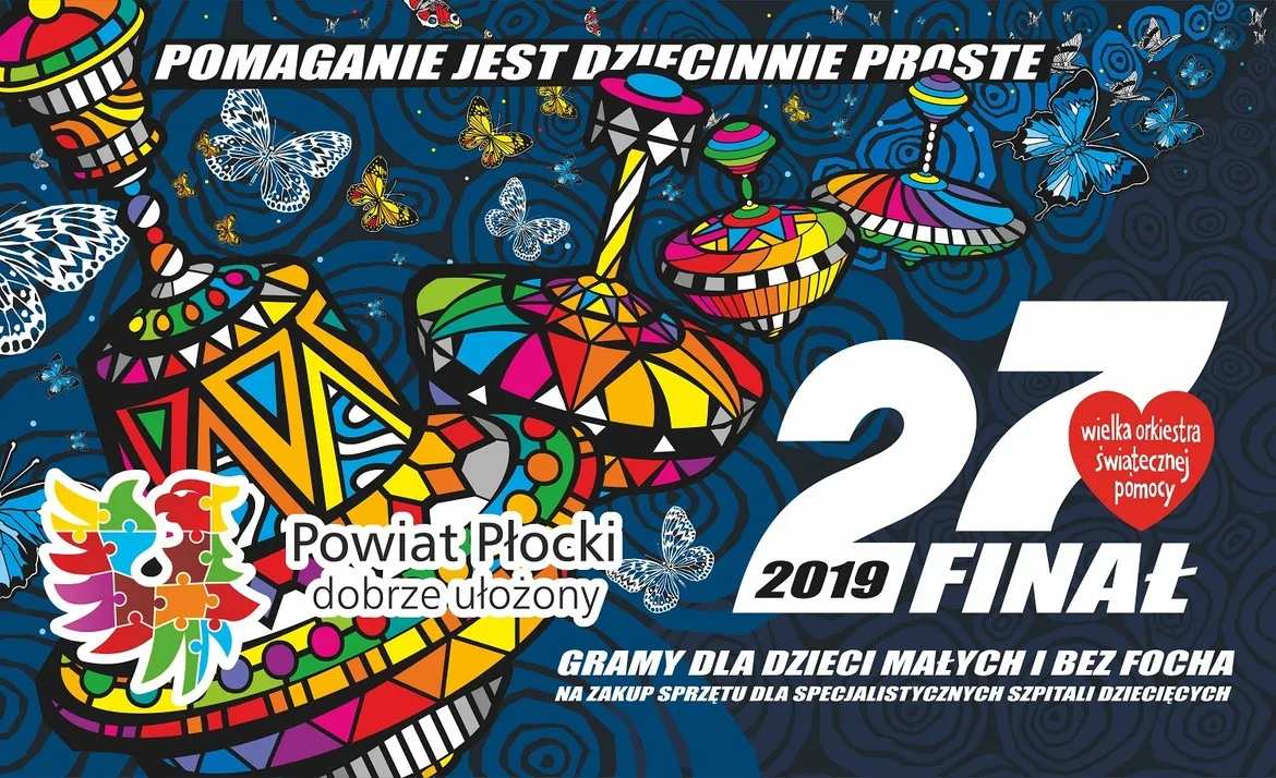 Kolorowy plakat WOŚP z 27. finałem w 2019 roku, przedstawiający kolorowe bębny, motyle i czerwone serduszko oraz hasła promujące pomaganie.