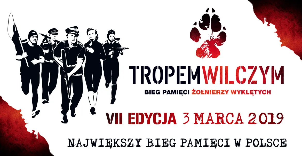 Graficzny plakat promujący bieg Tropem Wilczym upamiętniający Żołnierzy Wyklętych, z grupą biegnących sylwetek żołnierzy po lewej stronie i czerwonymi akcentami z informacją o VII edycji 3 marca 2019.