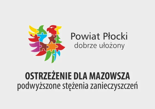 Banner z kolorowym motywem puzzli po lewej oraz napisami „Powiat Płocki dobrze ułożony” i „OSTRZEŻENIE DLA MAZOWSZA podwyższone stężenia zanieczyszczeń”.