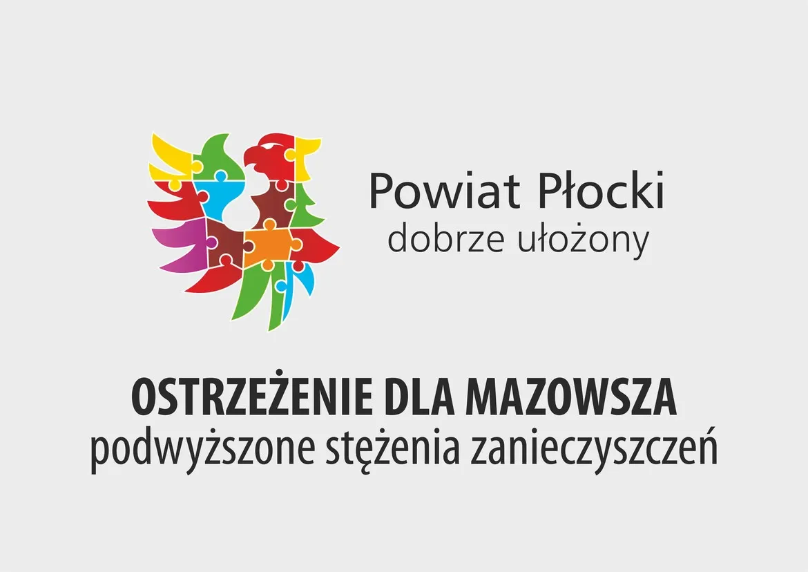 Banner z kolorowym motywem puzzli po lewej oraz napisami „Powiat Płocki dobrze ułożony” i „OSTRZEŻENIE DLA MAZOWSZA podwyższone stężenia zanieczyszczeń”.