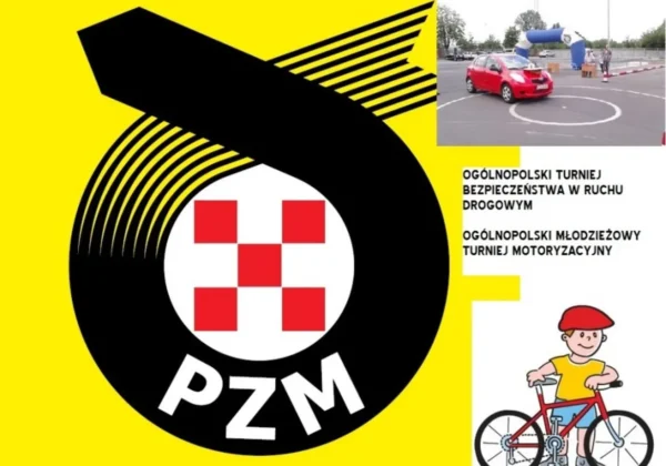 Żółty plakat promujący Ogólnopolski Turniej Bezpieczeństwa w Ruchu Drogowym z dużym logo PZM, zdjęciem samochodu na placu manewrowym i rysunkowym chłopcem na rowerze.