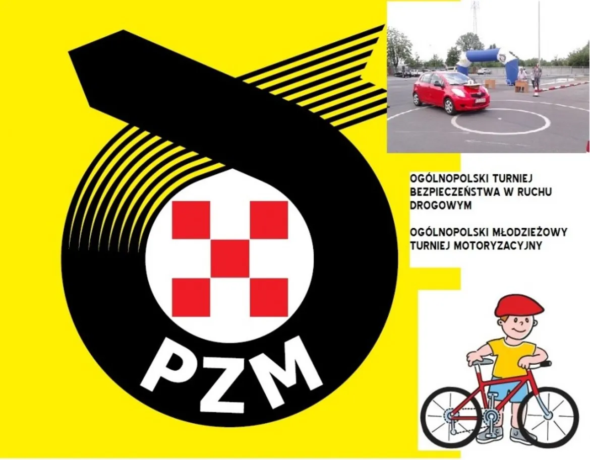 Żółty plakat promujący Ogólnopolski Turniej Bezpieczeństwa w Ruchu Drogowym z dużym logo PZM, zdjęciem samochodu na placu manewrowym i rysunkowym chłopcem na rowerze.