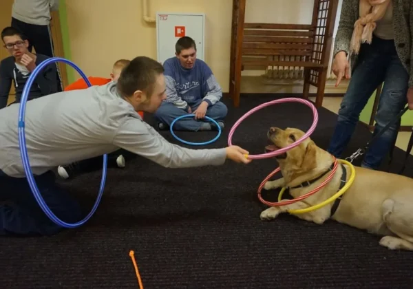 Grupa uczniów Zespołu Szkół Specjalnych w Goślicach bawi się w sali szkolnej z psem terapeutycznym, przekazując mu kolorowe obręcze.