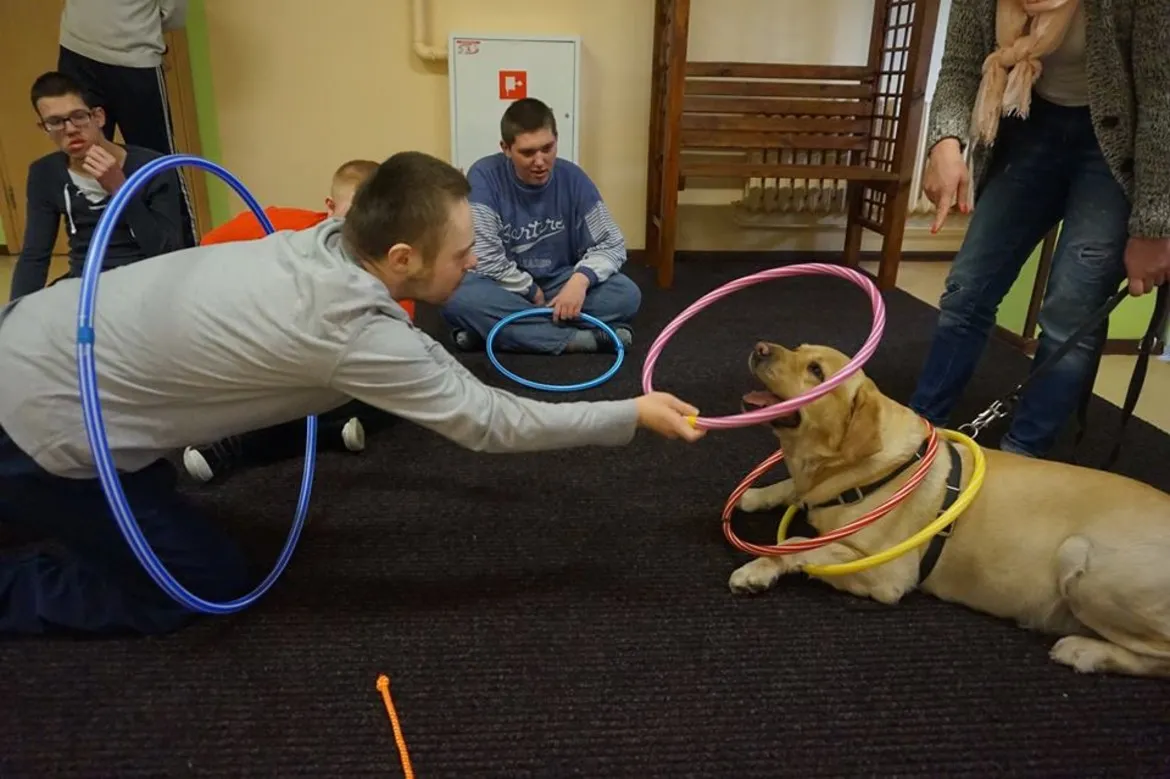 Grupa uczniów Zespołu Szkół Specjalnych w Goślicach bawi się w sali szkolnej z psem terapeutycznym, przekazując mu kolorowe obręcze.