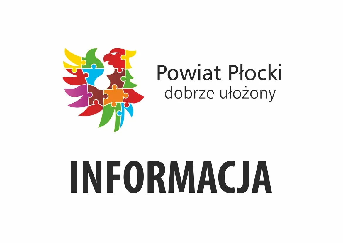 Kolorowy logotyp Powiatu Płockiego z puzzlowymi elementami tworzącymi sylwetkę ptaka po lewej stronie i napisem „Powiat Płocki dobrze ułożony” nad dużymi czarnymi literami „INFORMACJA”.