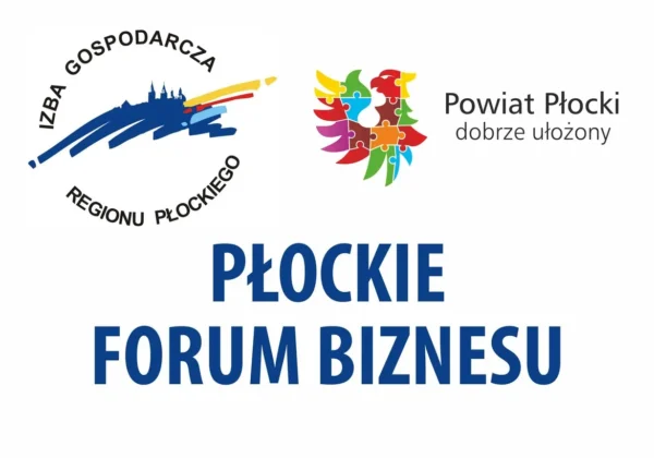 Promocyjna grafika z logotypami Izby Gospodarczej Regionu Płockiego i Powiatu Płockiego oraz dużym napisem „PŁOCKIE FORUM BIZNESU”.