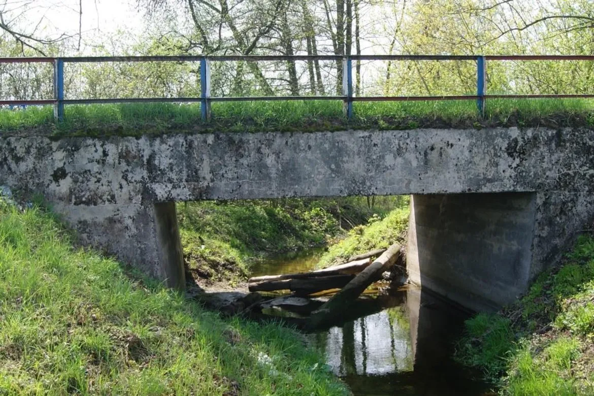 Betonowy most nad zielonym strumieniem, pod którym w korycie leżą porozrzucone drewniane bale.