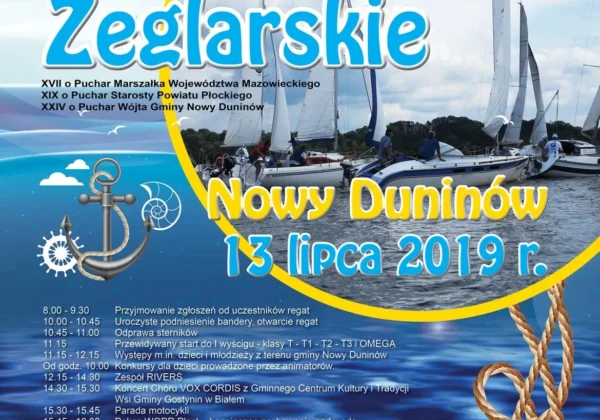 Plakat promujący Regaty Żeglarskie w Nowym Duninie, z wizerunkiem żaglówek na jeziorze i dużymi napisami “Regaty Żeglarskie Nowy Duninów – 13 lipca 2019 r.”