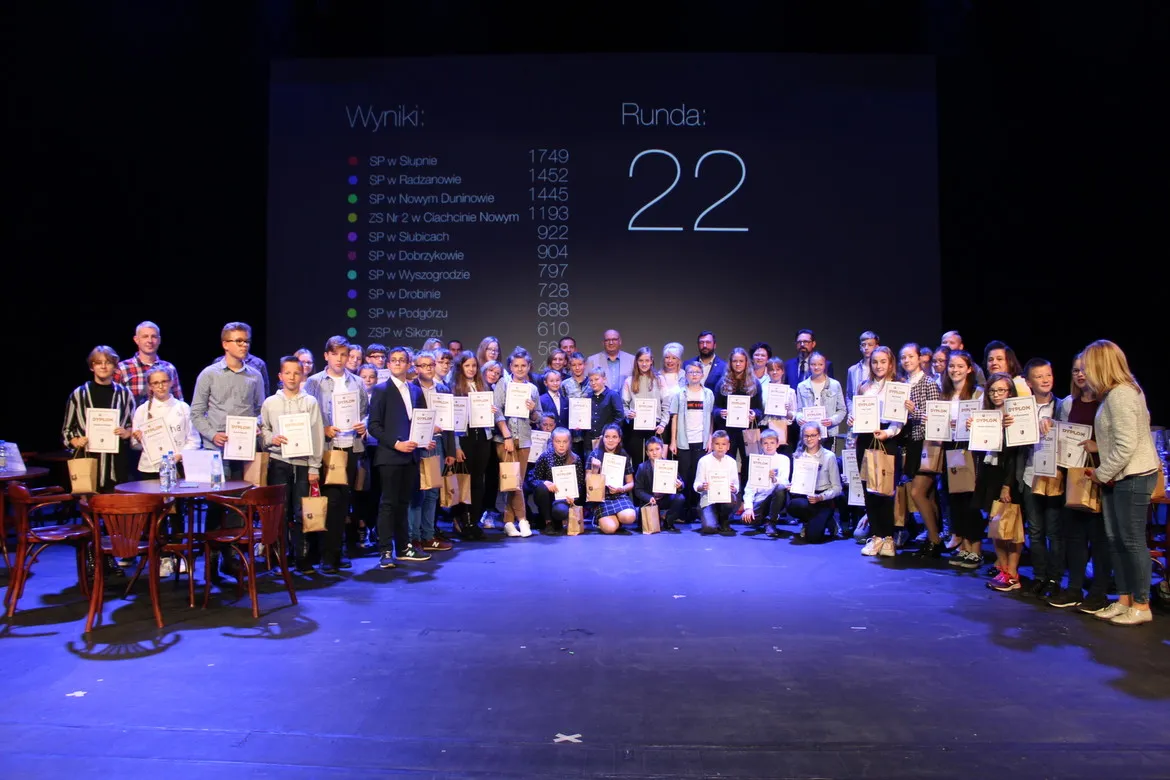 Grupa uczestników i organizatorów stoi na scenie z dyplomami i torbami upominków podczas zakończenia I Interaktywnego Turnieju Wiedzy o Powiecie Płockim i Ziemi Płockiej, na tle ekranu z wynikami rundy 22.