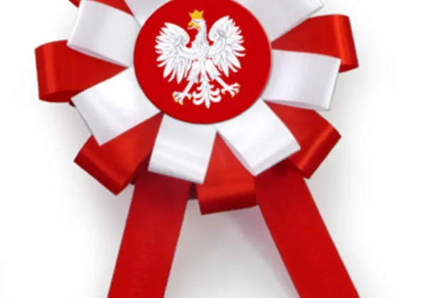 Rosetta z czerwono-białych wstążek z centralnym białym orłem na czerwonym tle, symbol Niepodległości.