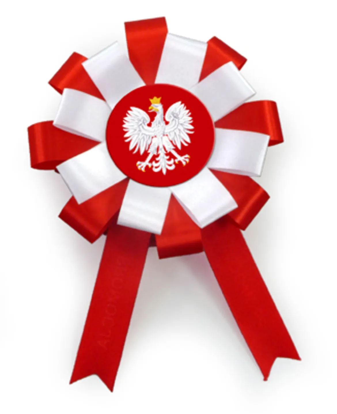 Rosetta z czerwono-białych wstążek z centralnym białym orłem na czerwonym tle, symbol Niepodległości.