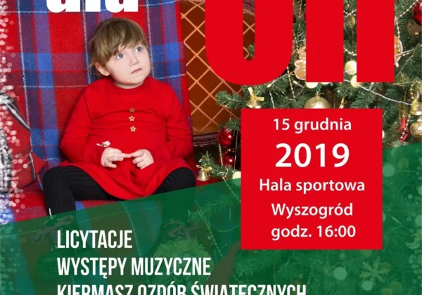 Plakat promujący akcję Razem dla Oli – świąteczną zbiókę i bieg charytatywny, na którym w otoczeniu choinki siedzi małe dziecko w czerwonej sukience, obok dużych liter Oli oraz podane są data i miejsce: 15 grudnia 2019, Hala sportowa Wyszogród, godz. 16:00.