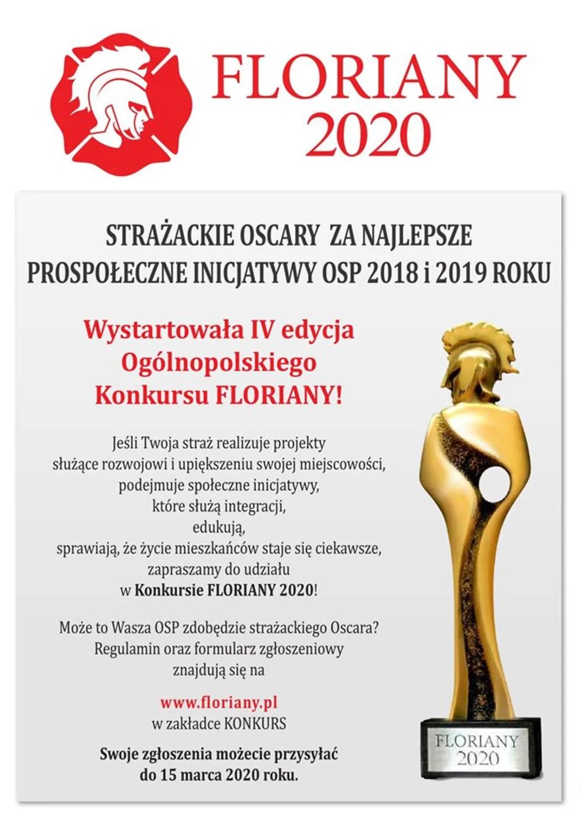 Plakat promujący Floriany 2020, informujący o IV edycji konkursu i Strażackich Oscarach za najlepsze prospołeczne inicjatywy OSP z lat 2018–2019, z złotą statuetką po prawej.