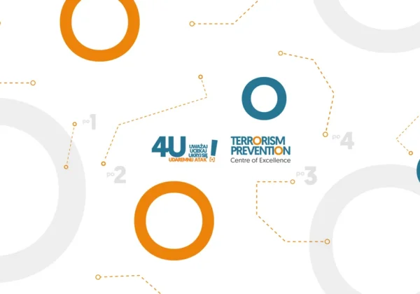 Grafika edukacyjna z logotypami 4U i Terrorism Prevention Centre of Excellence na białym tle, otoczona pomarańczowymi i granatowymi okręgami oraz żółtymi przerywanymi liniami łączącymi punkty.