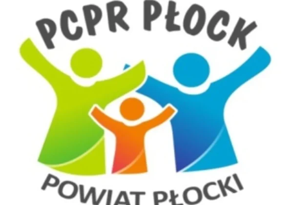 Logo PCPR Płock z trzema kolorowymi postaciami w geście radości, promujące rekrutację do projektu Aktywizacja społeczno-zawodowa osób z niepełnosprawnością w powiecie płockim.