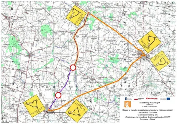 Mapa objazdów związanych z przebudową mostów, z wyznaczonymi trasami objazdowymi i znakami ostrzegawczymi oraz informacją o utrudnieniach w ruchu.