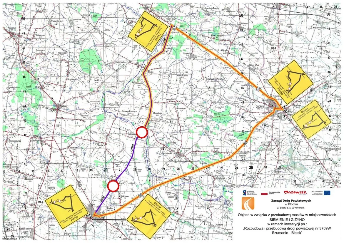 Mapa objazdów związanych z przebudową mostów, z wyznaczonymi trasami objazdowymi i znakami ostrzegawczymi oraz informacją o utrudnieniach w ruchu.