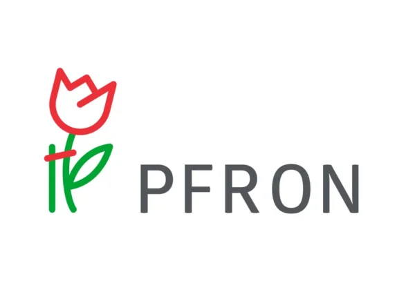 Logo PFRON: czerwony tulipan na zielonym łodydze z liściem, obok szary napis PFRON.