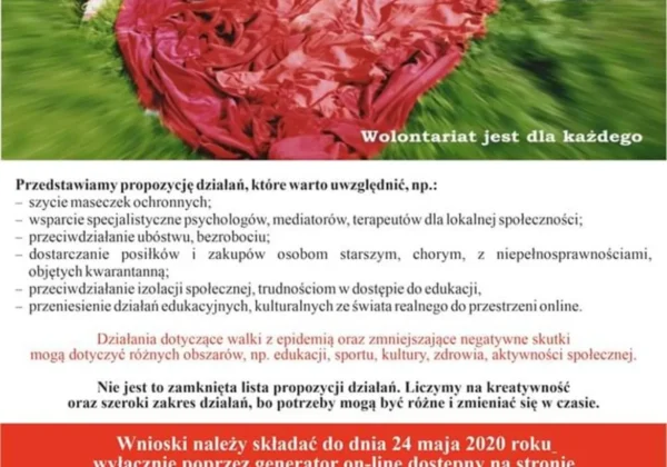 Plakat promujący program zaDziałaj Lokalnie w Powiecie Płockim, przedstawiający czerwone serce z materiału leżące na trawie otoczone grupą osób.