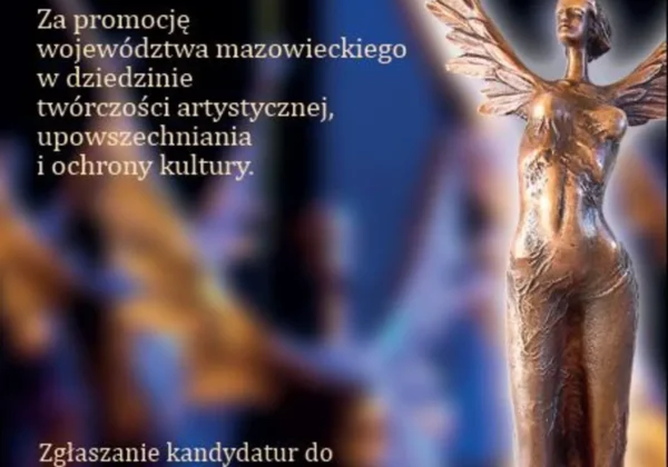 Plakat promujący XXI edycję Nagrody Marszałka Województwa Mazowieckiego, z złotą statuetką i informacjami o zgłoszeniach kandydatur do 18 września 2020 r.