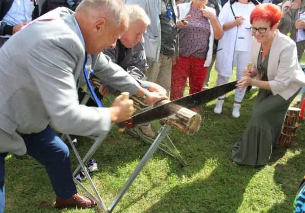Uczestnicy i widzowie podczas Powiatowej Olimpiady Sprawności Seniorów na Wesoło, gdzie dwie osoby przecinają drewnianą kłodę piłą dwuręczną na stojaku.