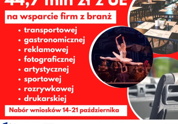Czerwony plakat informujący o 44,7 mln zł dofinansowania z UE dla firm z branż transportowej, gastronomicznej, reklamowej, fotograficznej, artystycznej, sportowej, rozrywkowej i drukarskiej w związku z COVID-19, z terminem naboru wniosków 14–21 października.