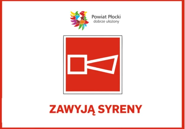 Logo Powiatu Płockiego na górze, czerwone tło z białą ikoną megafonu i napisem „ZAWYJĄ SYRENY”.