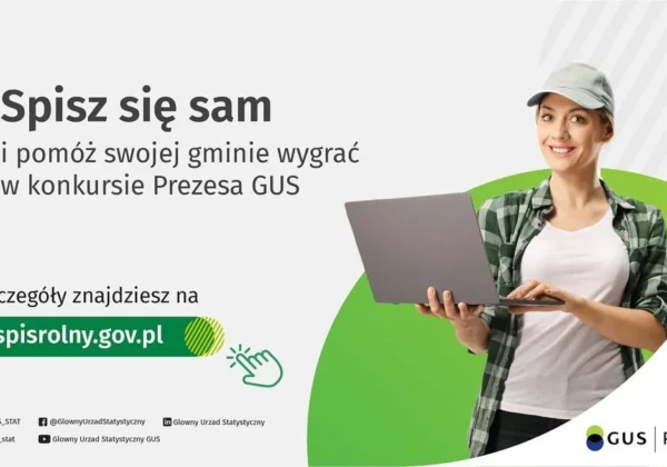 Plakat promujący konkurs Prezesa GUS na gminę o najwyższym odsetku spisanych gospodarstw, z uśmiechniętą kobietą trzymającą laptopa.