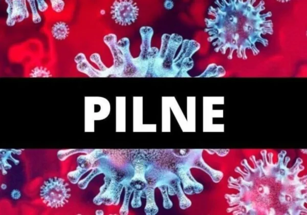 Ilustracja przedstawiająca wirusy na czerwonym tle, z szerokim czarnym paskiem na środku z białym napisem PILNE.